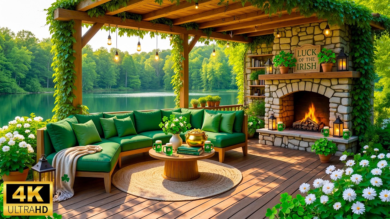 Soft Piano Music with Crackling Fireplace ☘️ Cozy St. Patrick's Day by the Lake for Relaxation