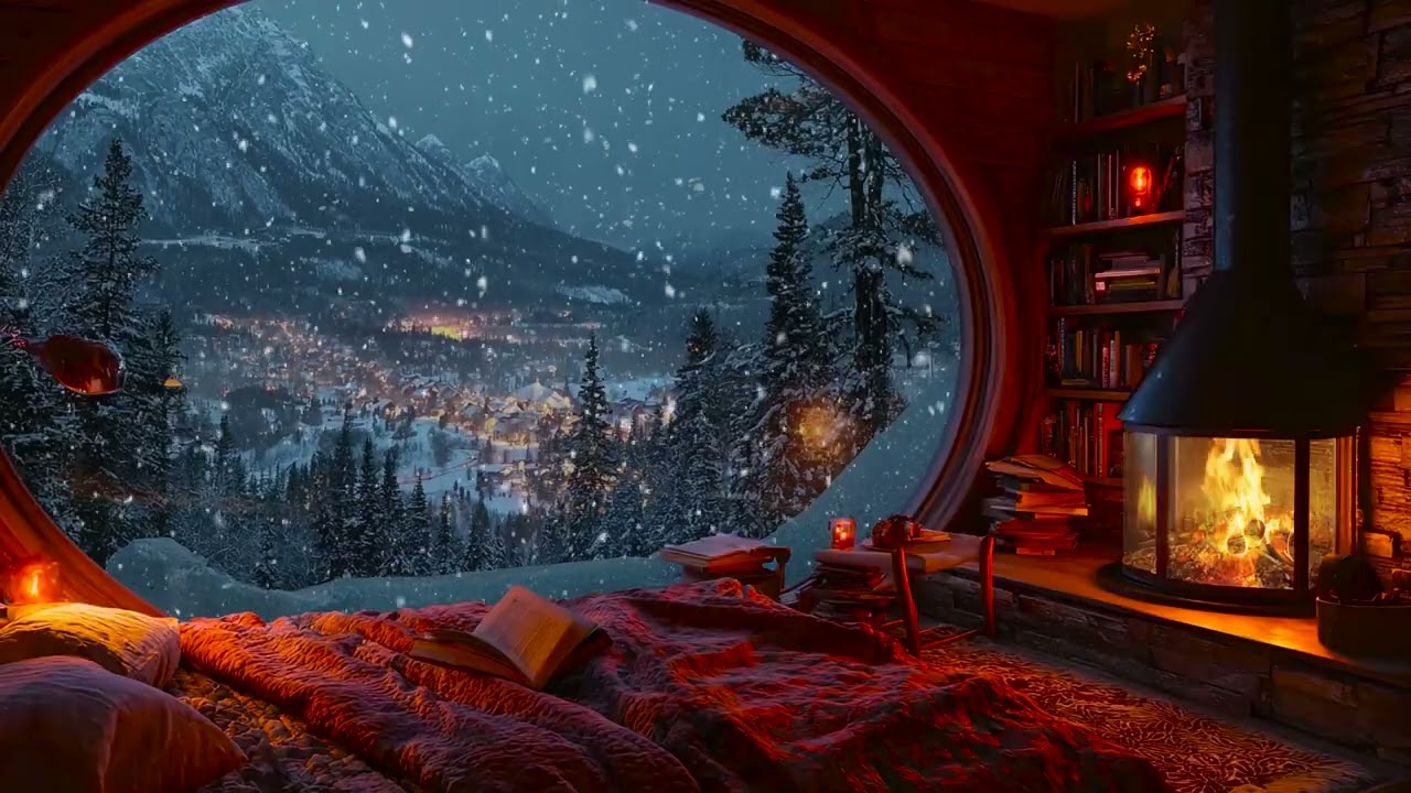 Cozy Snowy Forest Cabin Night with Crackling Fire Ambience for Relaxing Sleep, Calm and Focus