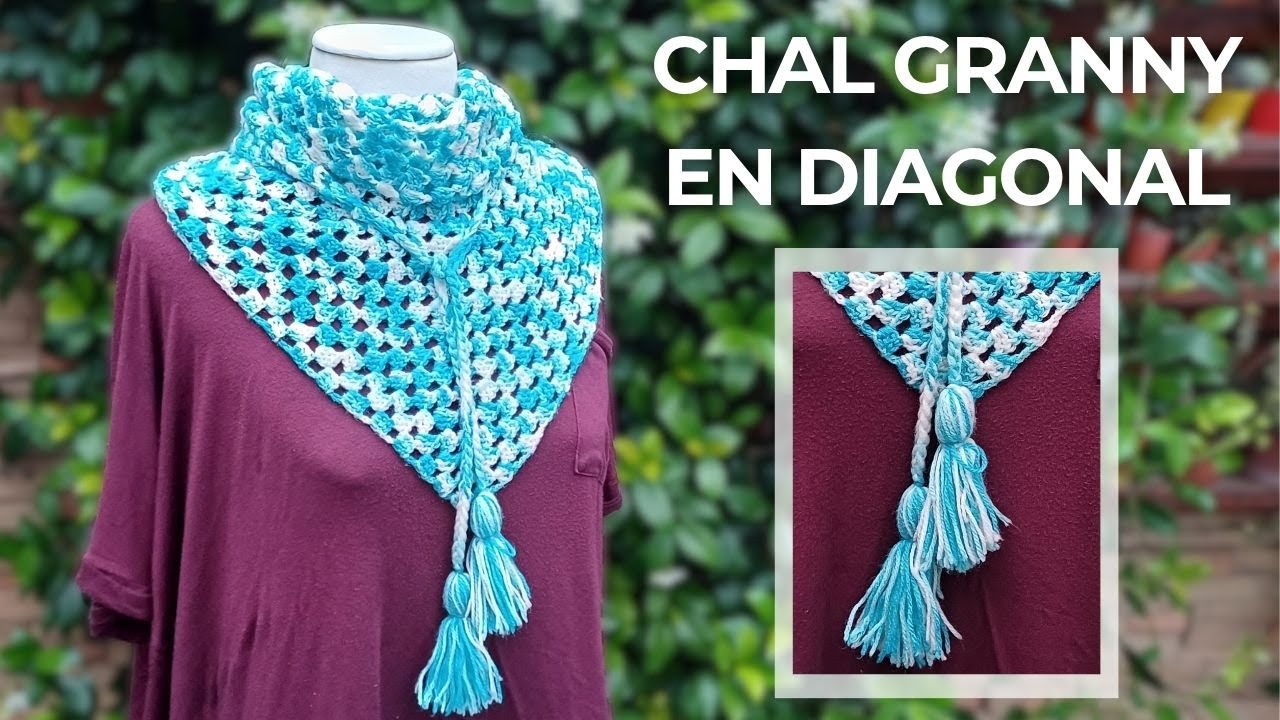 Cómo tejer un chal granny a crochet en diagonal – Con borlas y cordones para atar