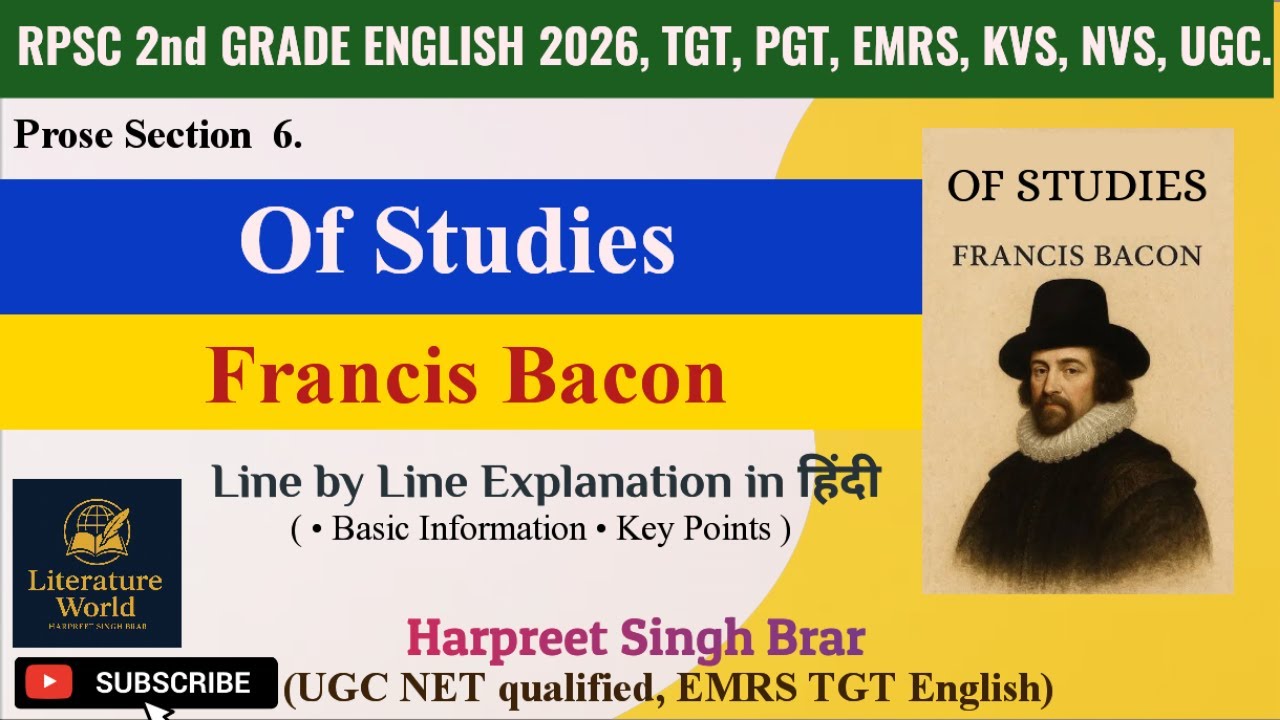 OF STUDIES by Francis Bacon Line by Line Explanation in Hindi RPSC 2nd Grade English | Harpreet Brar