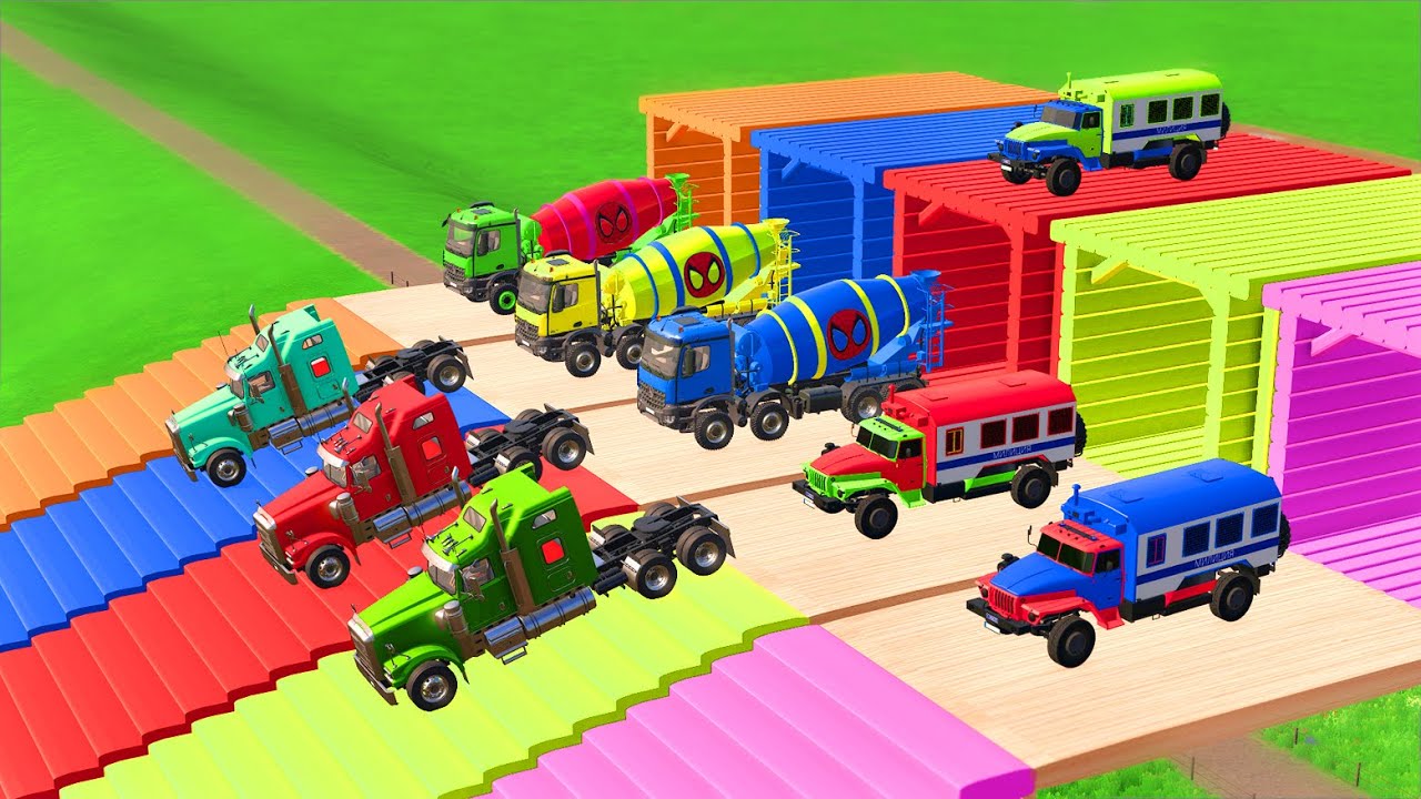 TRANSPORTING CARS, AMBULANCE, POLICE CARS, FIRE TRUCK, MONSTER TRUCK OF COLORS! WITH TRUCKS! - FS 22