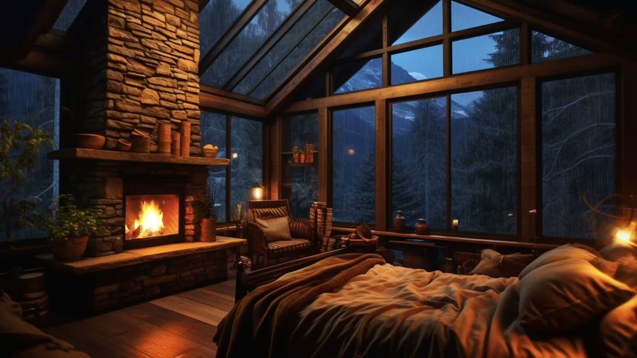 Forest Cabin Ambience 🌧️🔥 Rainstorm and Fireplace Sounds for Sleep