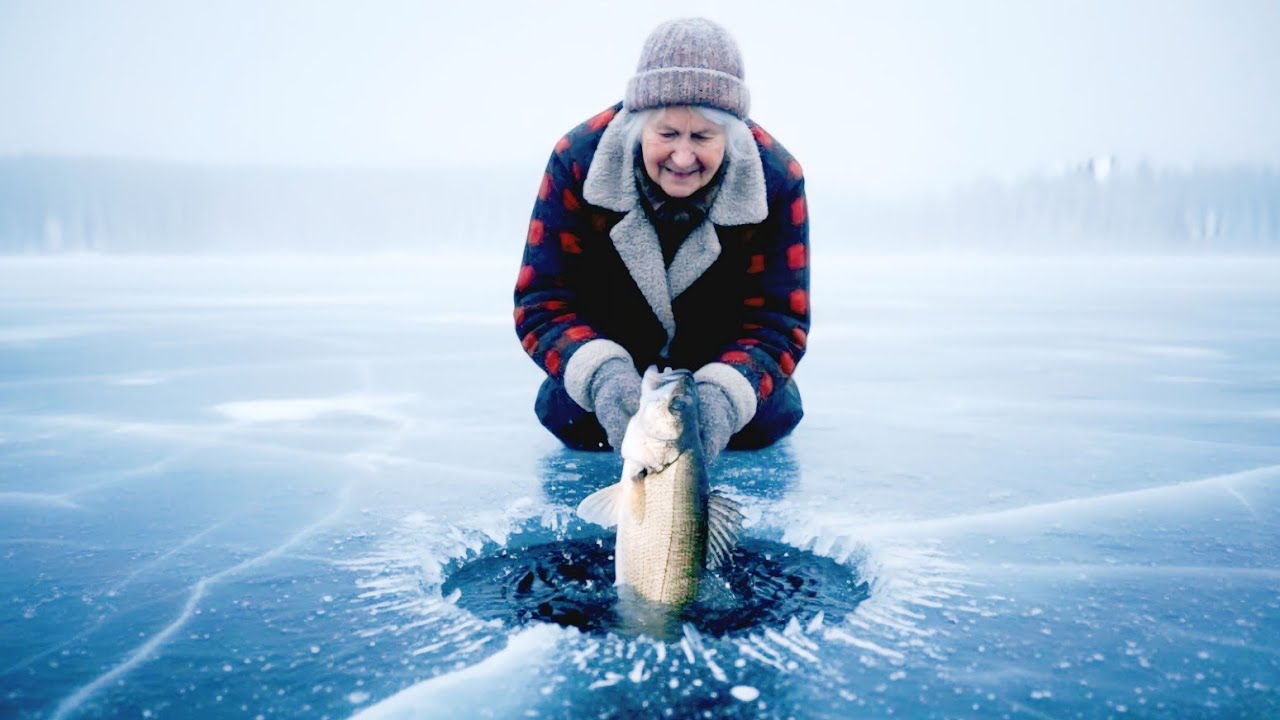 An Old Woman Feeds a Bear After Catching Fish from a Frozen Lake