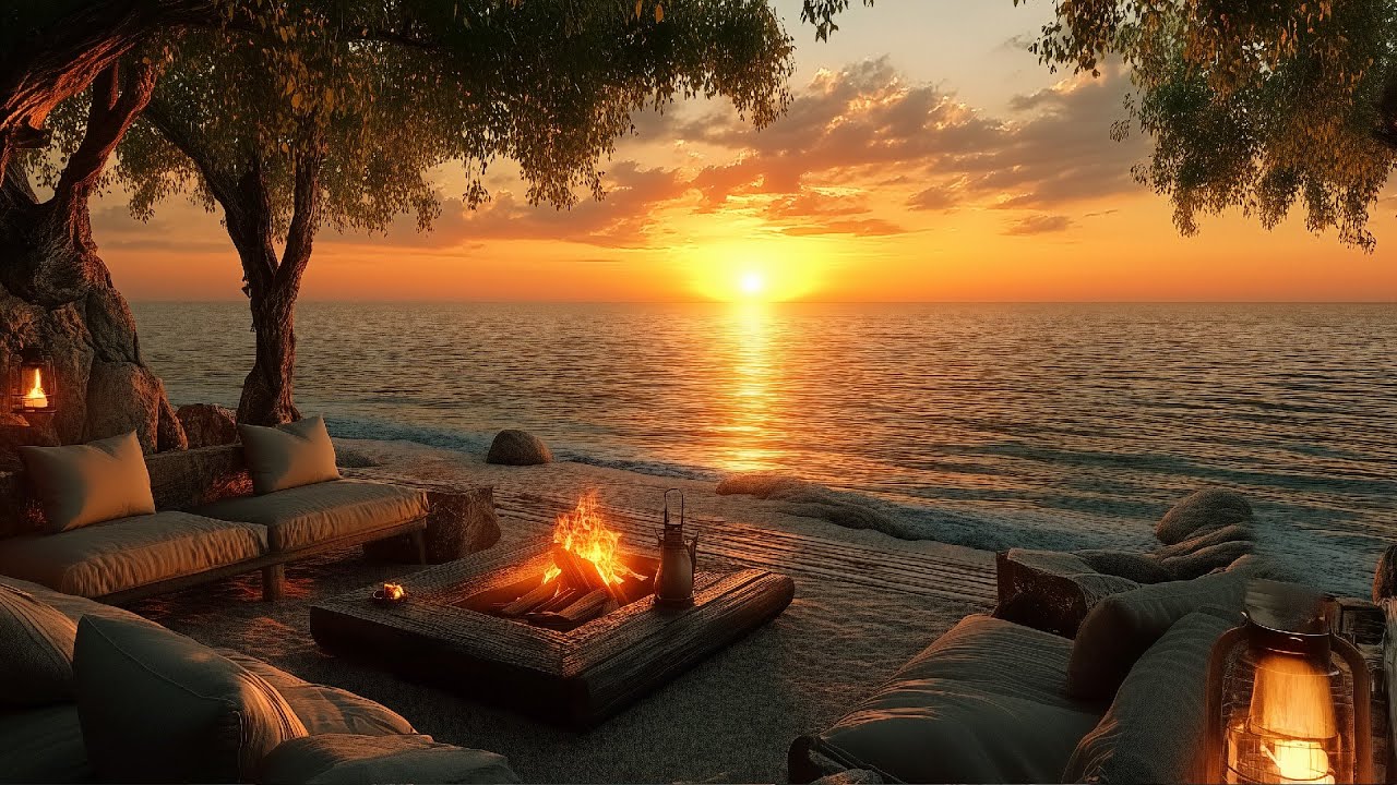 Seaside Porch with Fire Pit | Relaxing Coastal Night Ambience
