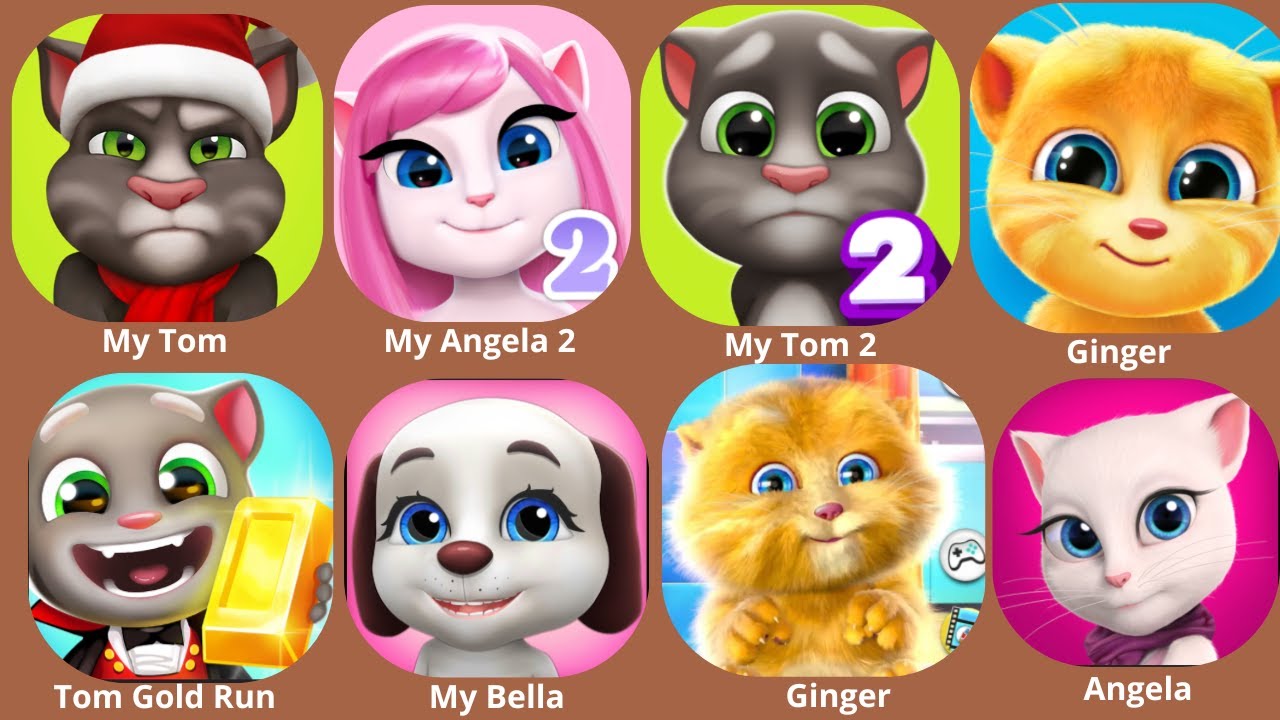 Talking Tom, Ginger, My virtual pet Bella, My Tom 2, Angela, 2, Tom Gold Run,Gummy Bear. Let's go!!
