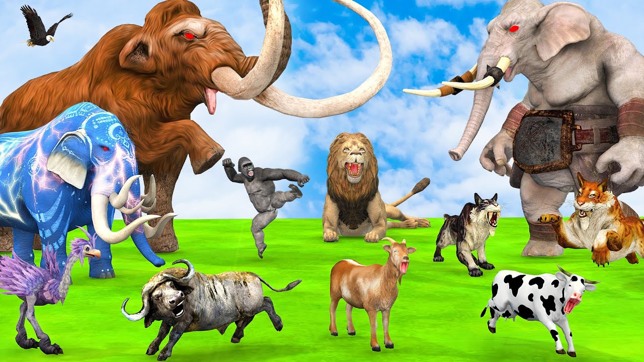 5 Giant Mammoth Elephant Cow vs Giant Monster Elephant Vs 5 Giant Lion Tiger Goat Saved By Mammoth