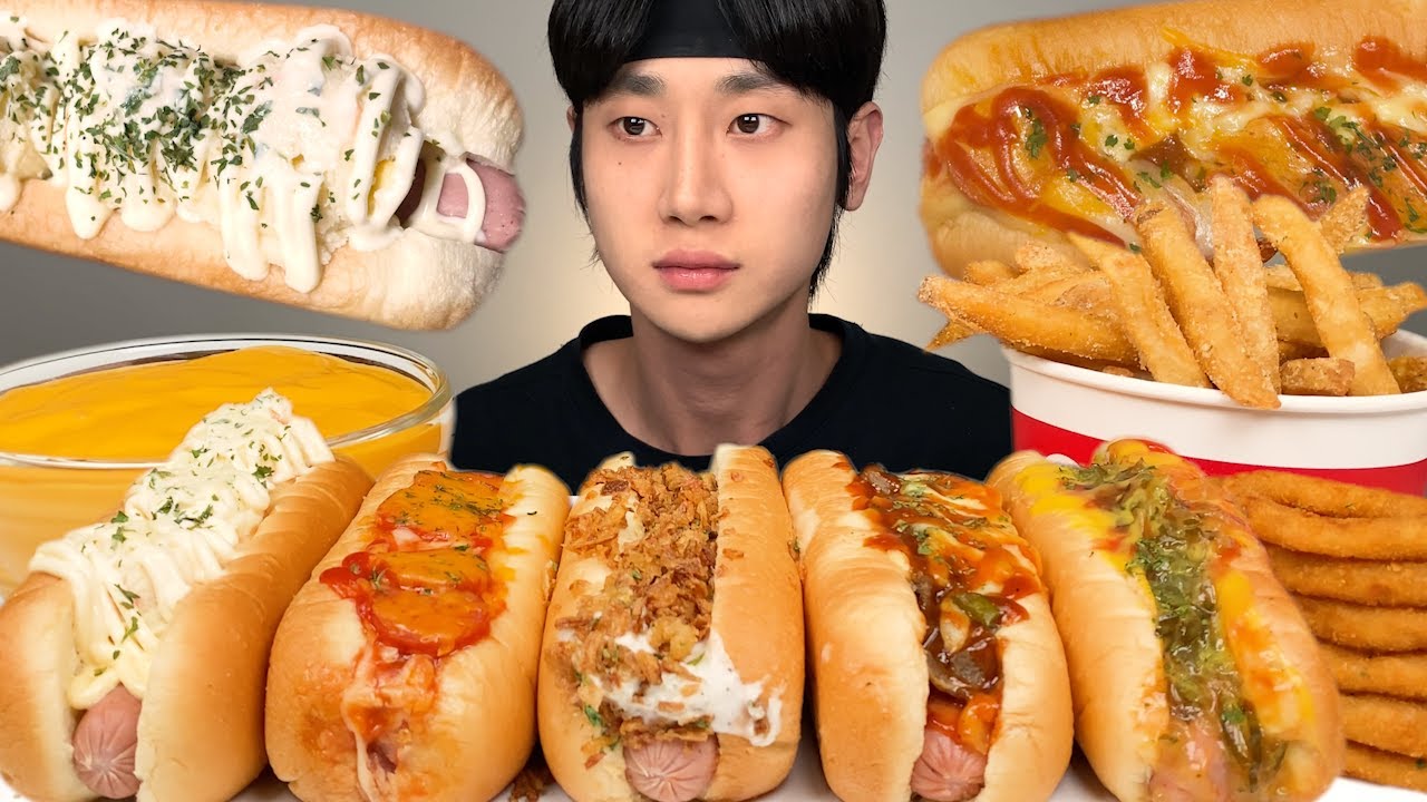 뉴욕핫도그 & 어니언링, 허니버터 감자튀김 먹방~페퍼로니, 치즈불고기, 어니언, 아이리쉬포테이토, 렐리쉬 핫도그 치즈소스 찍먹 리얼사운드 ASMR Hot Dogs MUKBANG