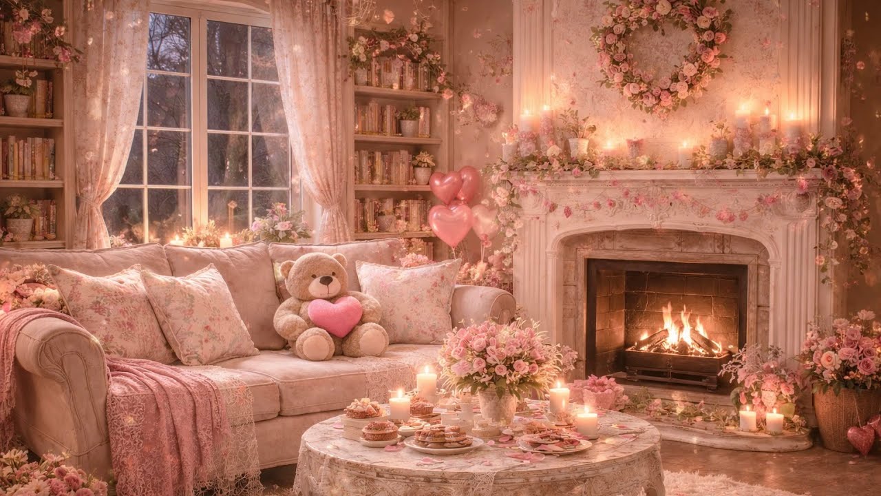 Cozy Valentine's Day Living Room Ambience 🧸 Fireplace & Gentle Rain (4 Hours)