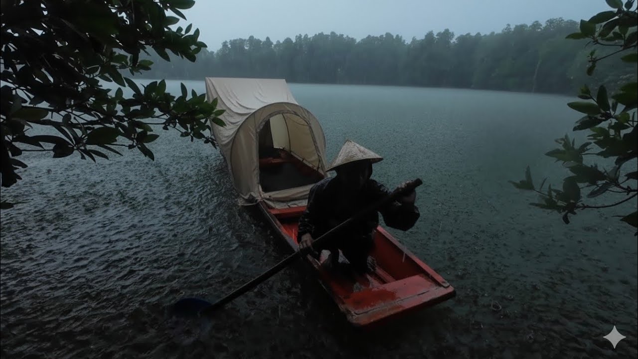 Solo Hot Tent Camping & Canoeing in Heavy Rain with Two Puppies