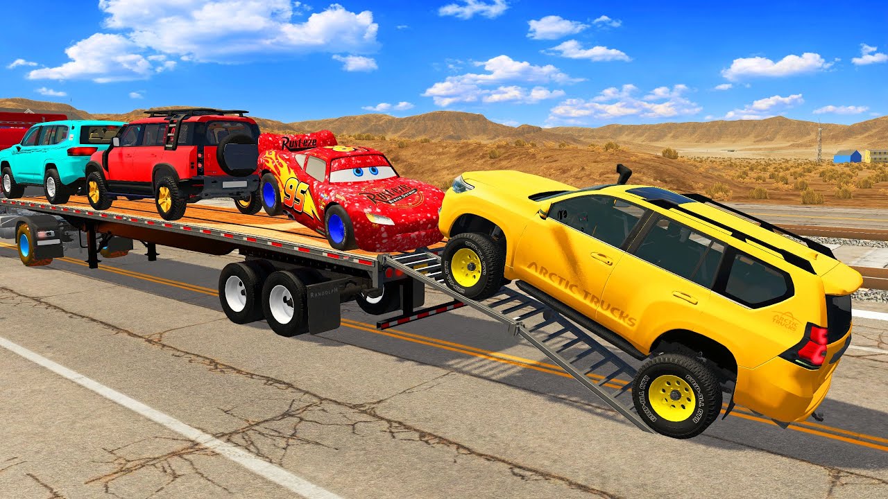 Грузовик с плоской платформой Mcqueen Transportation с выбоиной на грузовике против автомобиля № ...