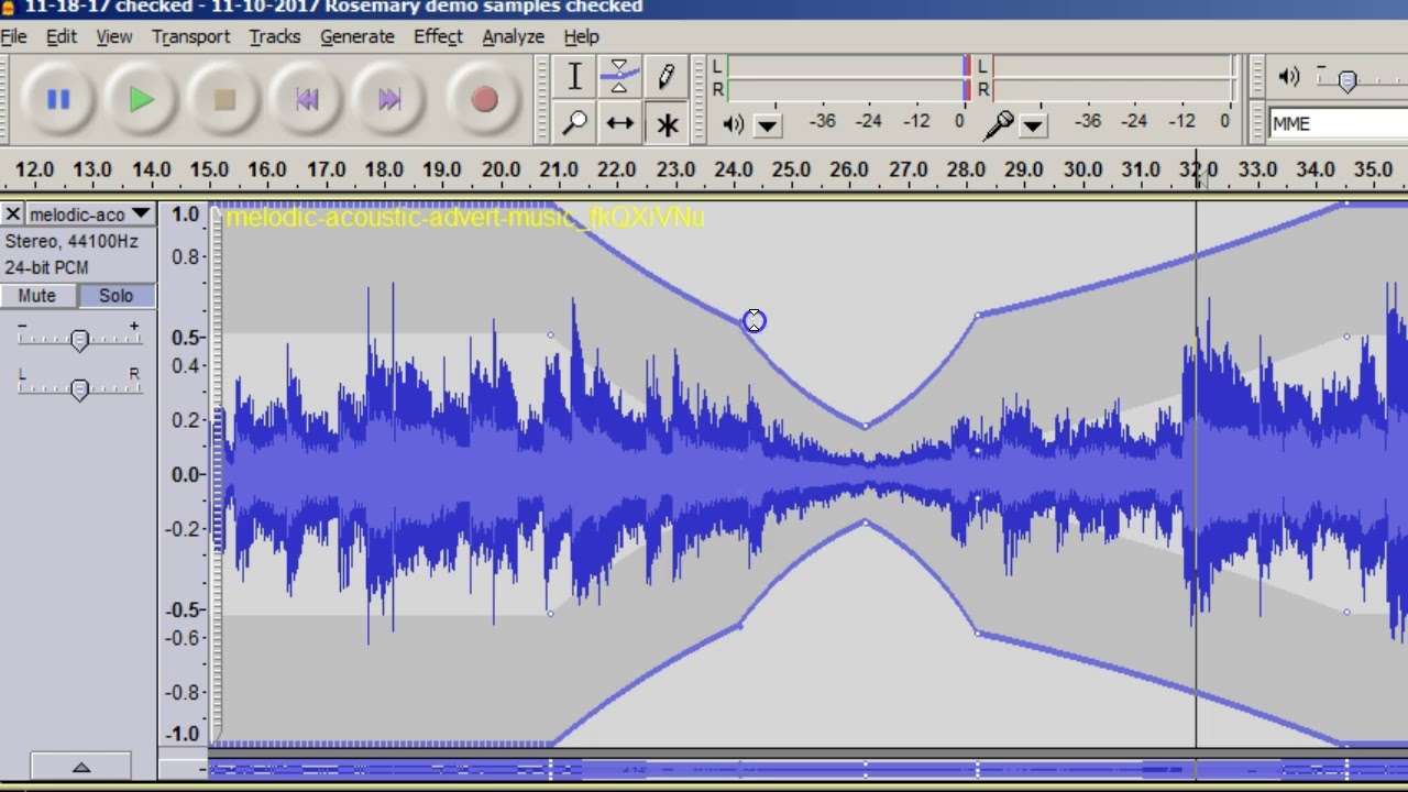 Vary volume using Audacity's envelope tool