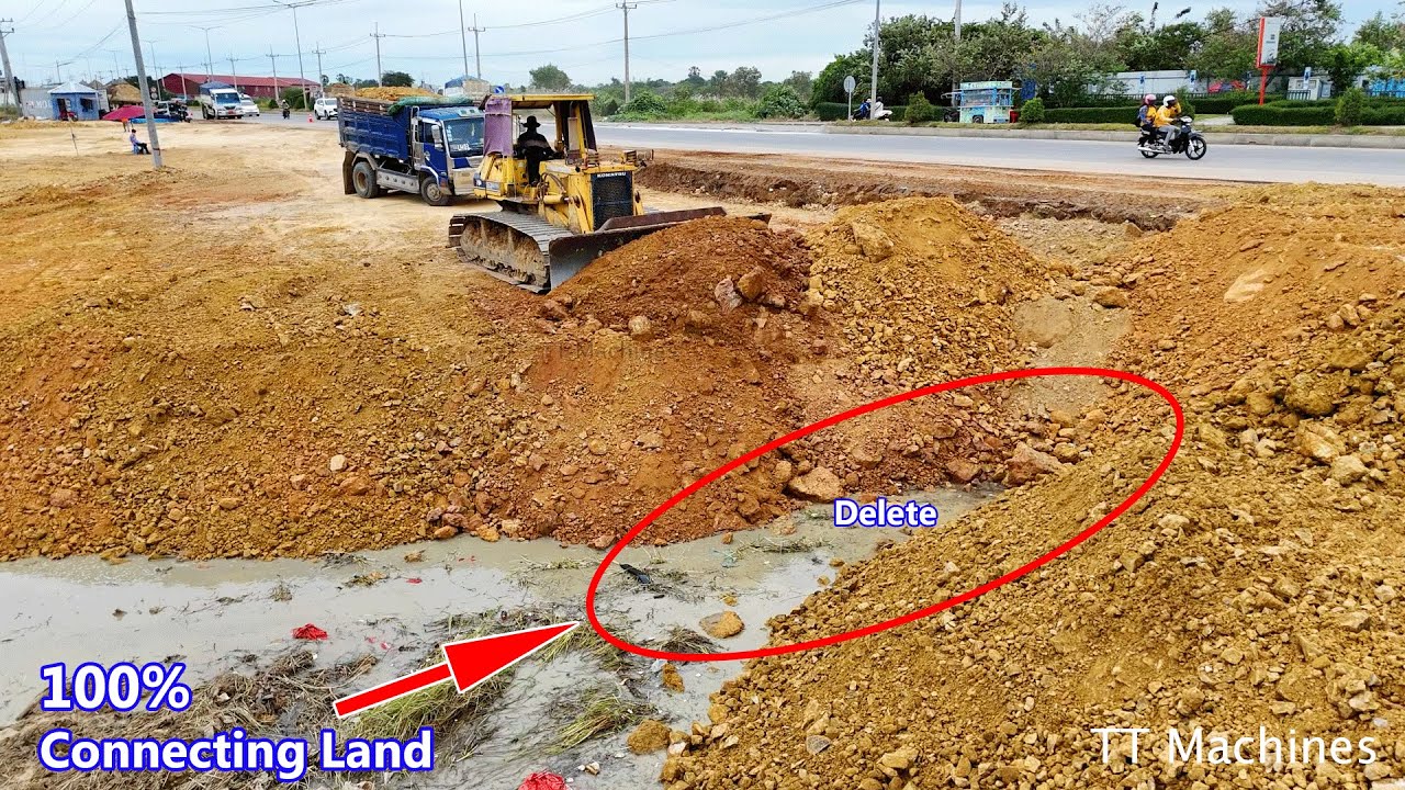 Great Job !! Successfully Connecting Land By Heavy Dozer D53P D31P Push Stone Into Water & Trucks5T