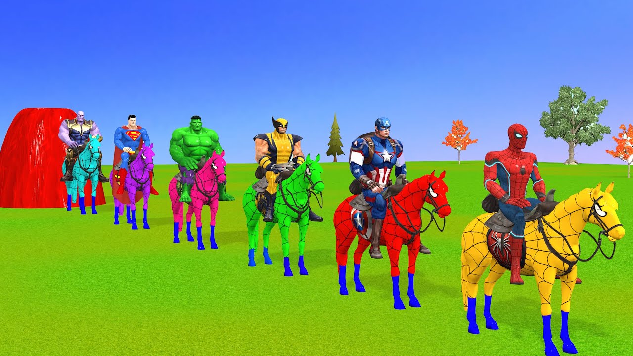 RED HORSE SPIDERMAN CROSSING FOUNTAIN ON RAINBOW SPIDERS BRIDGE AGAINST SHARKS RESCUE ANIMALS GAME