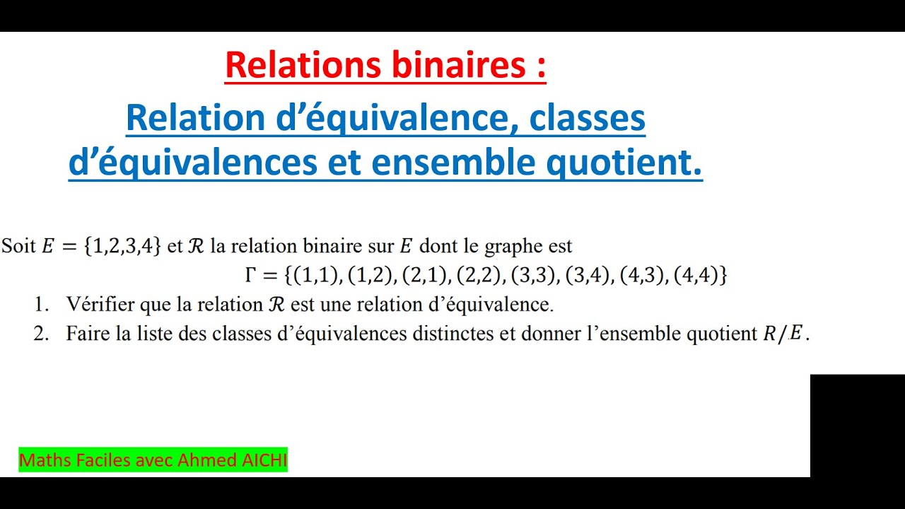 Exemple concret de relation d'équivalence, classes d'équivalences et de l'ensemble quotient.