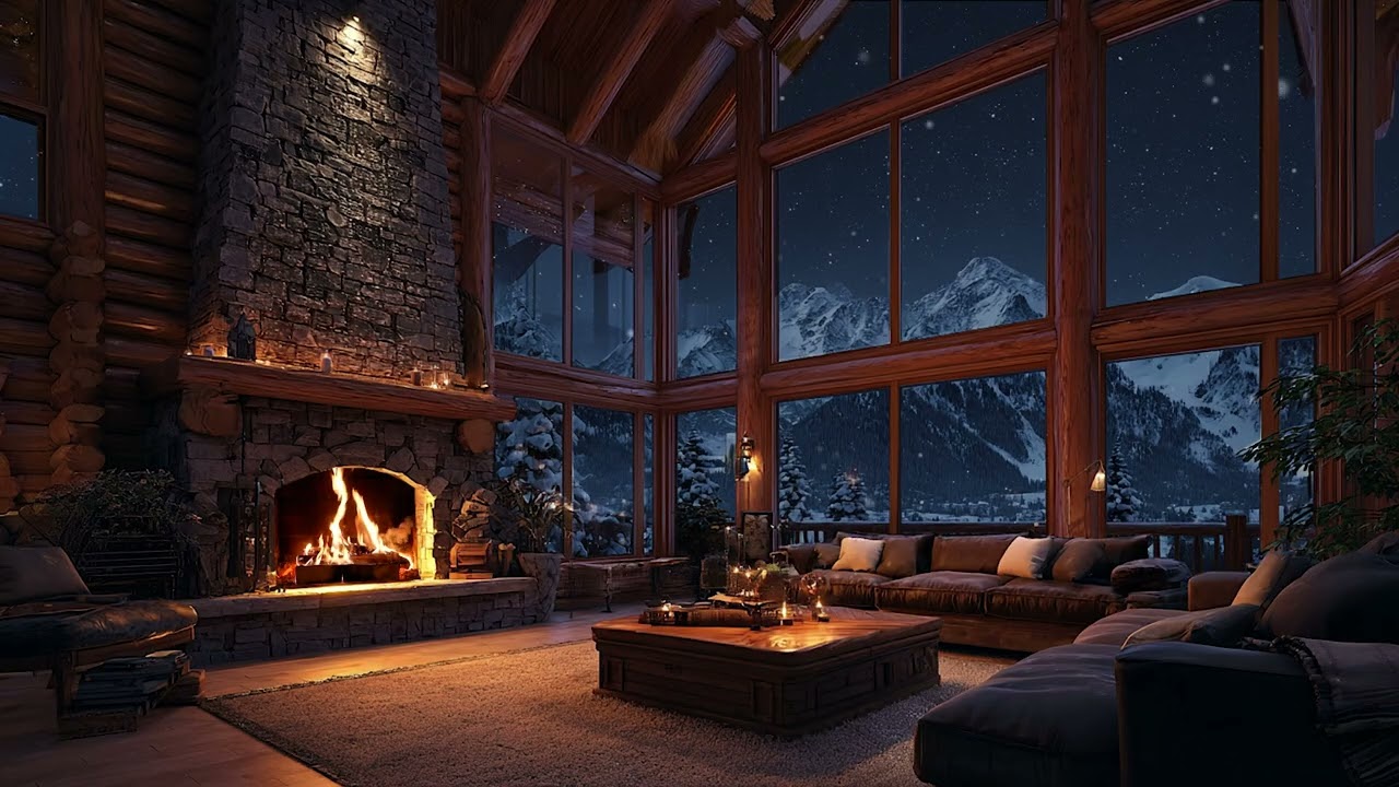 Snowy Mountain Cabin Night Ambience with Cozy Fireplace and Winter Wind Sounds for Deep Sleep