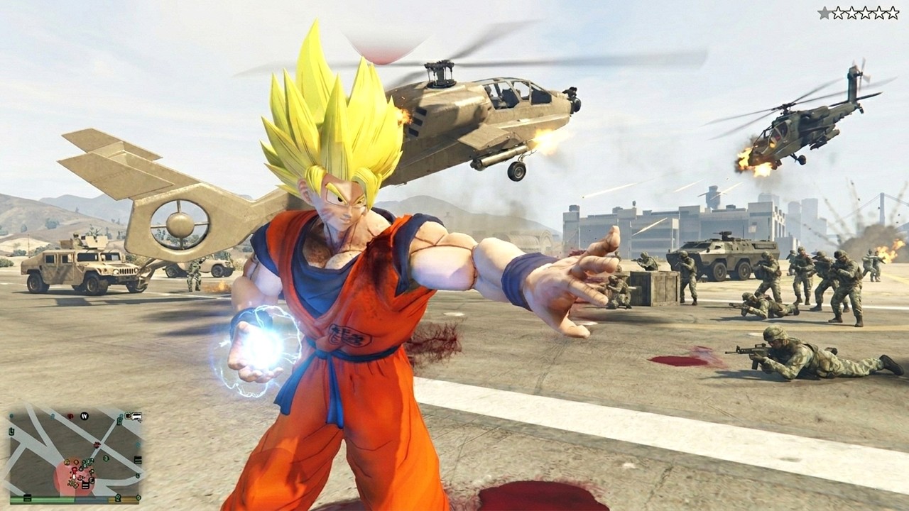 GTA 5 - Goku Attacks The Airport + Ten Star Wanted Level Rampage