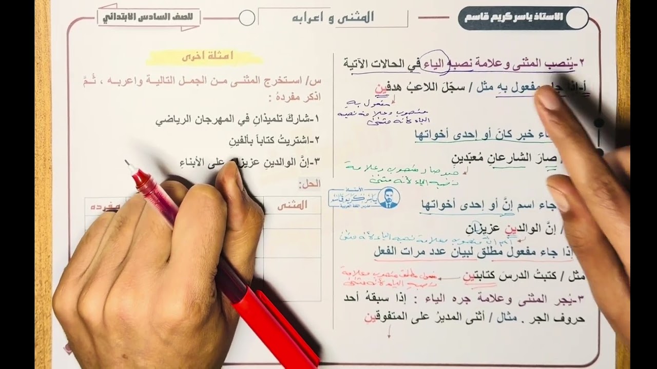 شرح موضوع ( المثنى وإعرابه ) للصف السادس الإبتدائي 
