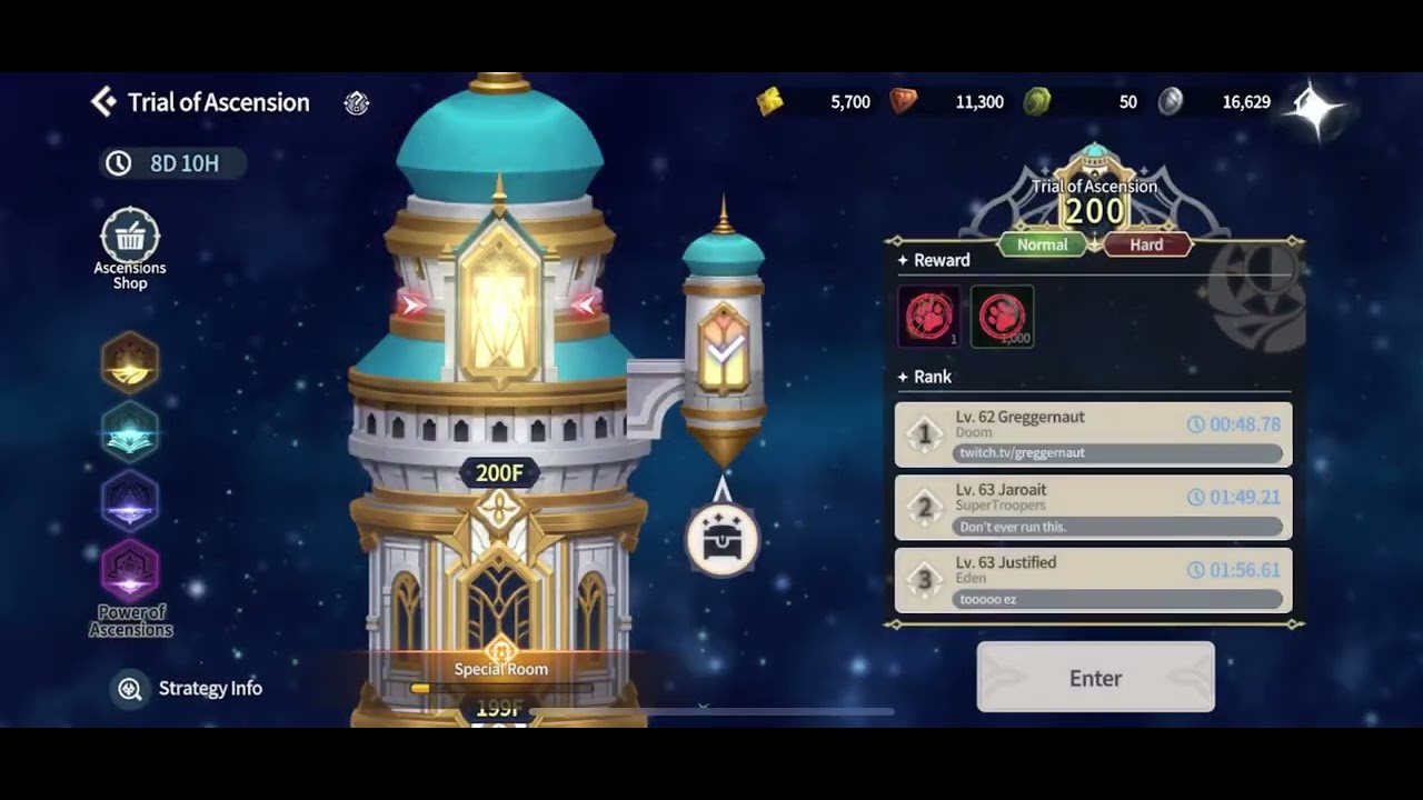 Summoners War: Chronicles - ToA 200f Trial of Ascension hard mode tower clear using Cleaf