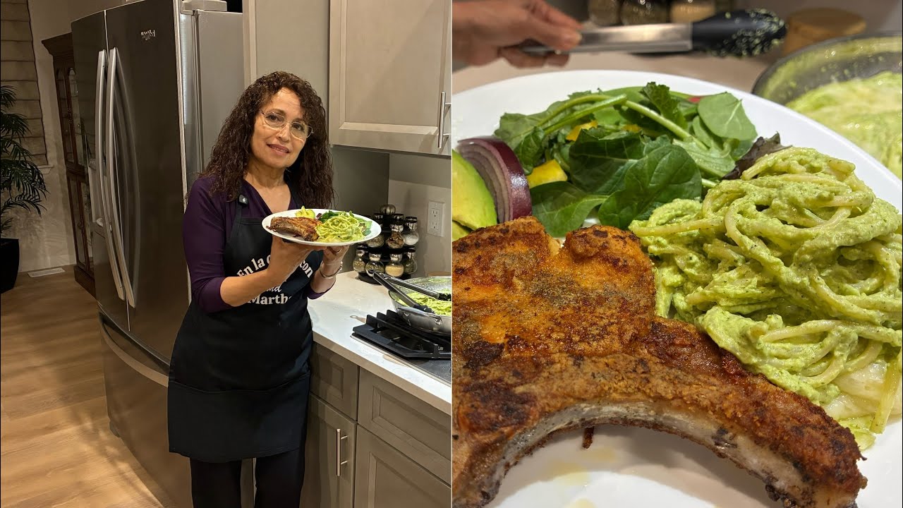 Mi delicioso espagueti verde y chuletas de puerco 