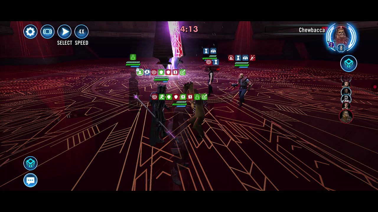 [3v3] DTMG/Gideon/Scout (25% TM, 100% dmg) vs. Dash/Han/Chewie (L9 Dash, 25% TM): 56 banners