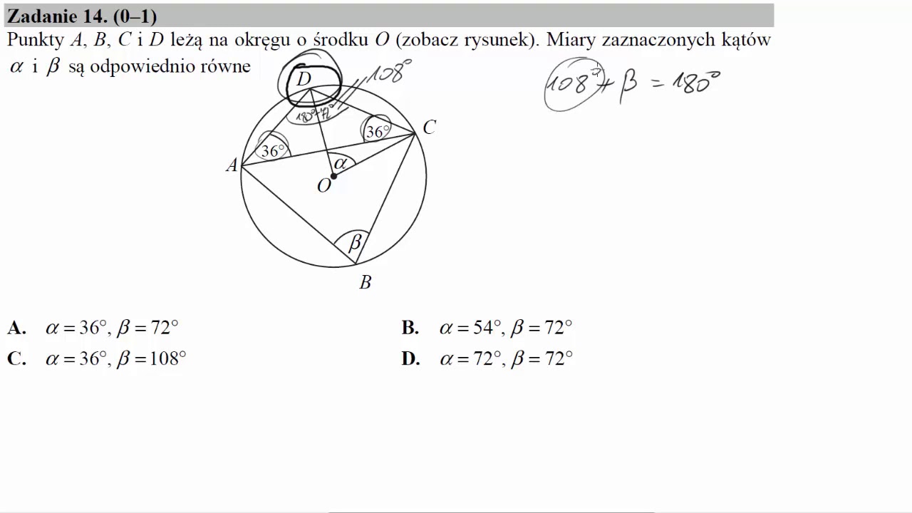 Punkty A,B,C i D leżą na okręgu o środku O zobacz rysunek  Miary zaznaczonych kąt&oacute;w &alpha; i &beta; są odpowie