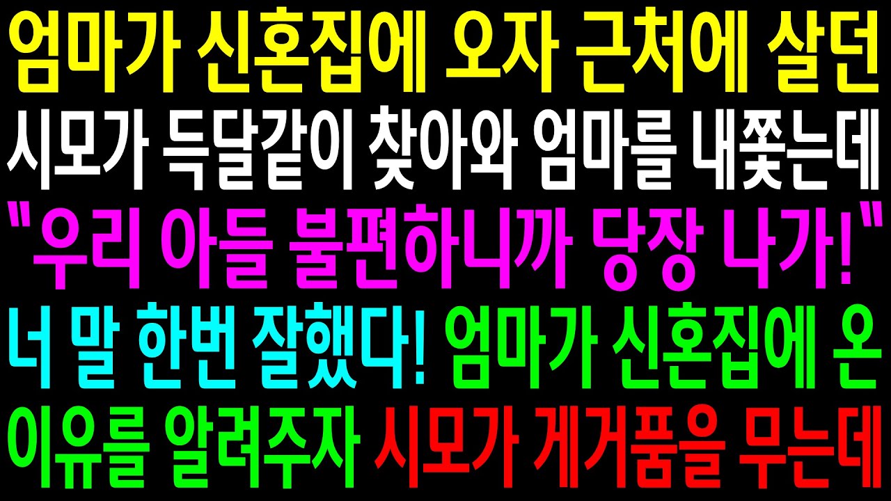 (실화사연)엄마가 신혼집에 오자 근처에 살던 시모가 득달같이 찾아와 엄마를 내쫓는데..엄마가 신혼집에 온 이유를 알려주자 게거품을 무는데[신청사연][사이다썰][사연라디오]
