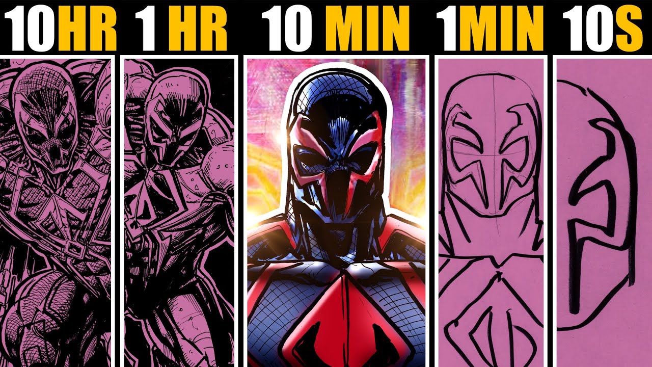 Drawing SPIDER-MAN 2099 in 10 HOURS | 1 HOUR | 10 MIN | 1 MIN & 10 SECONDS!
