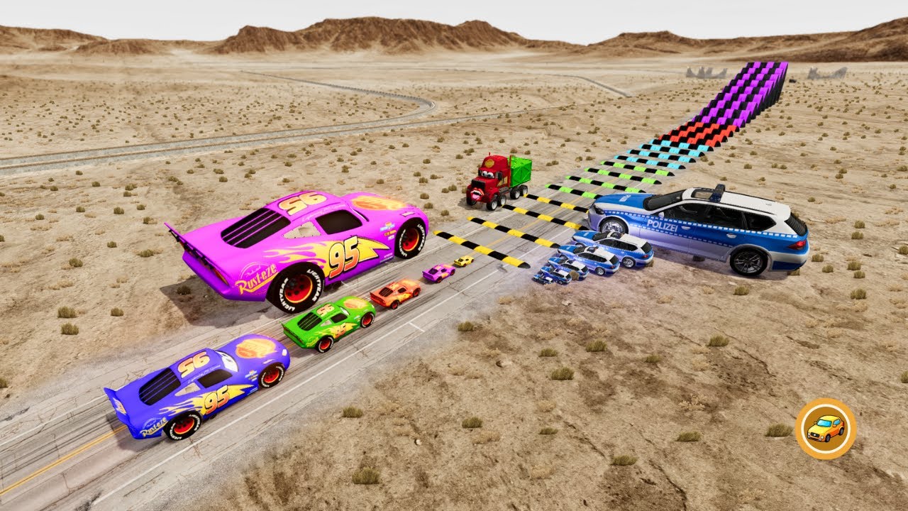 Big & Small McQueen, Police Car & Zombie Mack vs 100 Speed Bumps - BeamNG.drive