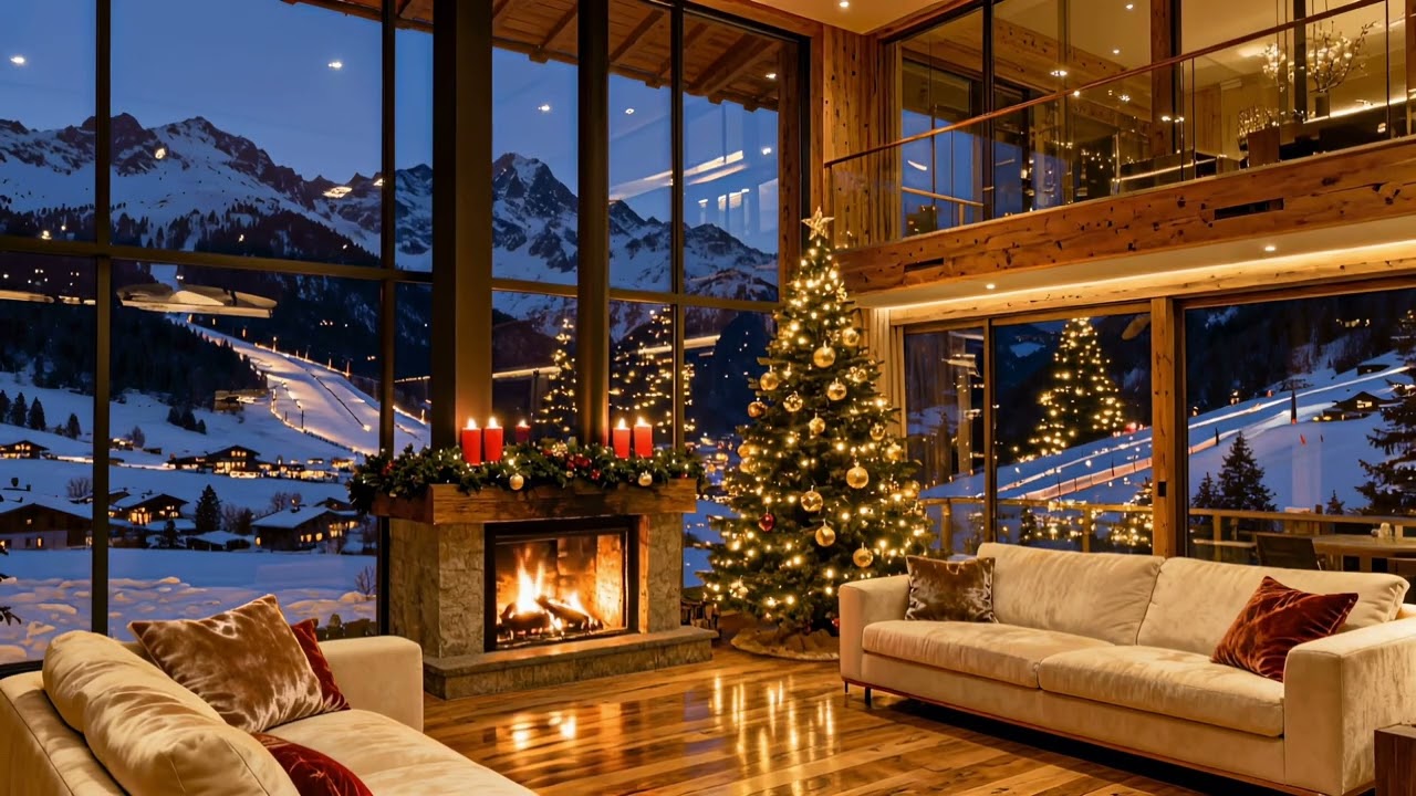 Cozy Ski Chalet Christmas Fireplace Ambiene | 3 Hours of Festive Music & Crackling Fire Sounds 🎄