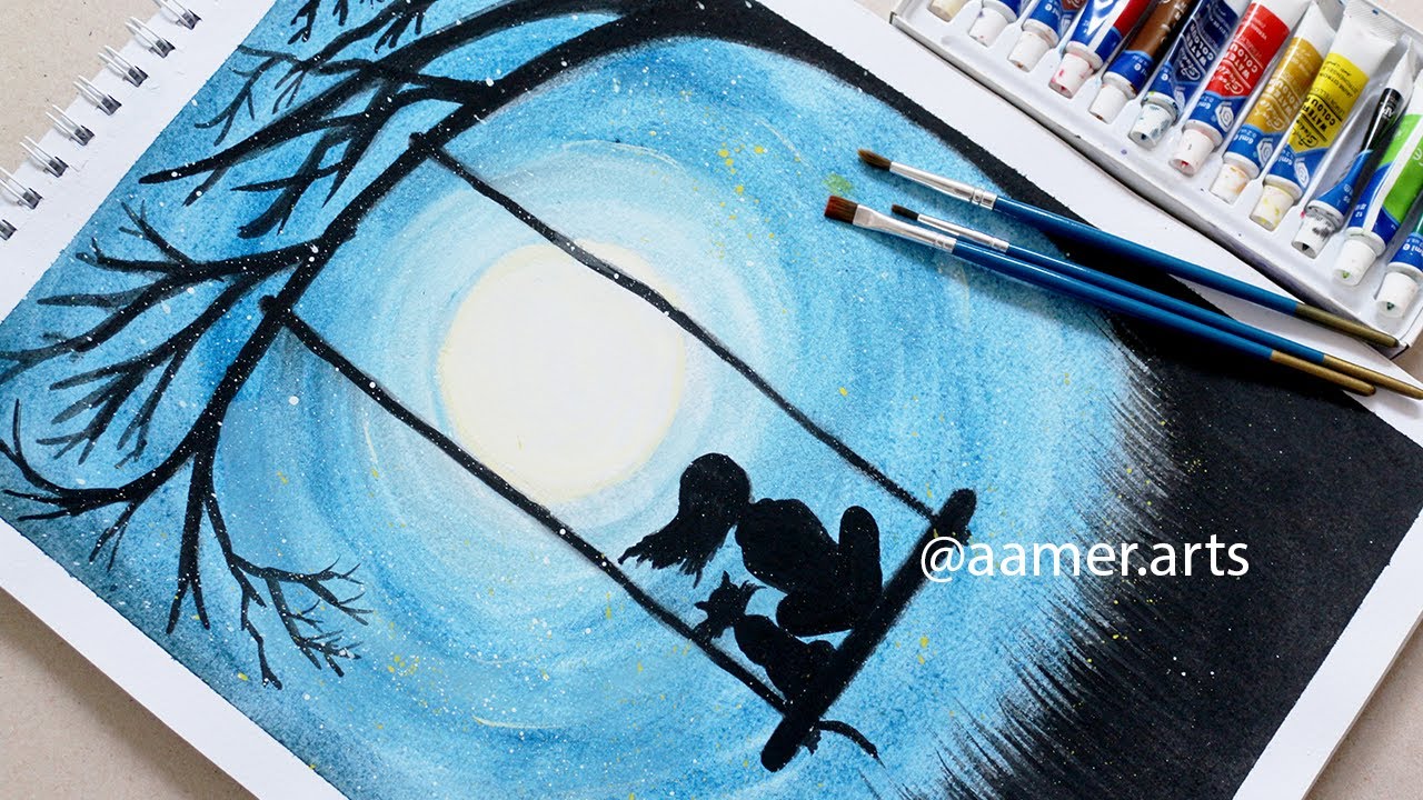 تعليم الرسم بالالوان المائية | رسم منظر طبيعي ليلي رسم القمر مكتمل وفتاة على أرجوحة