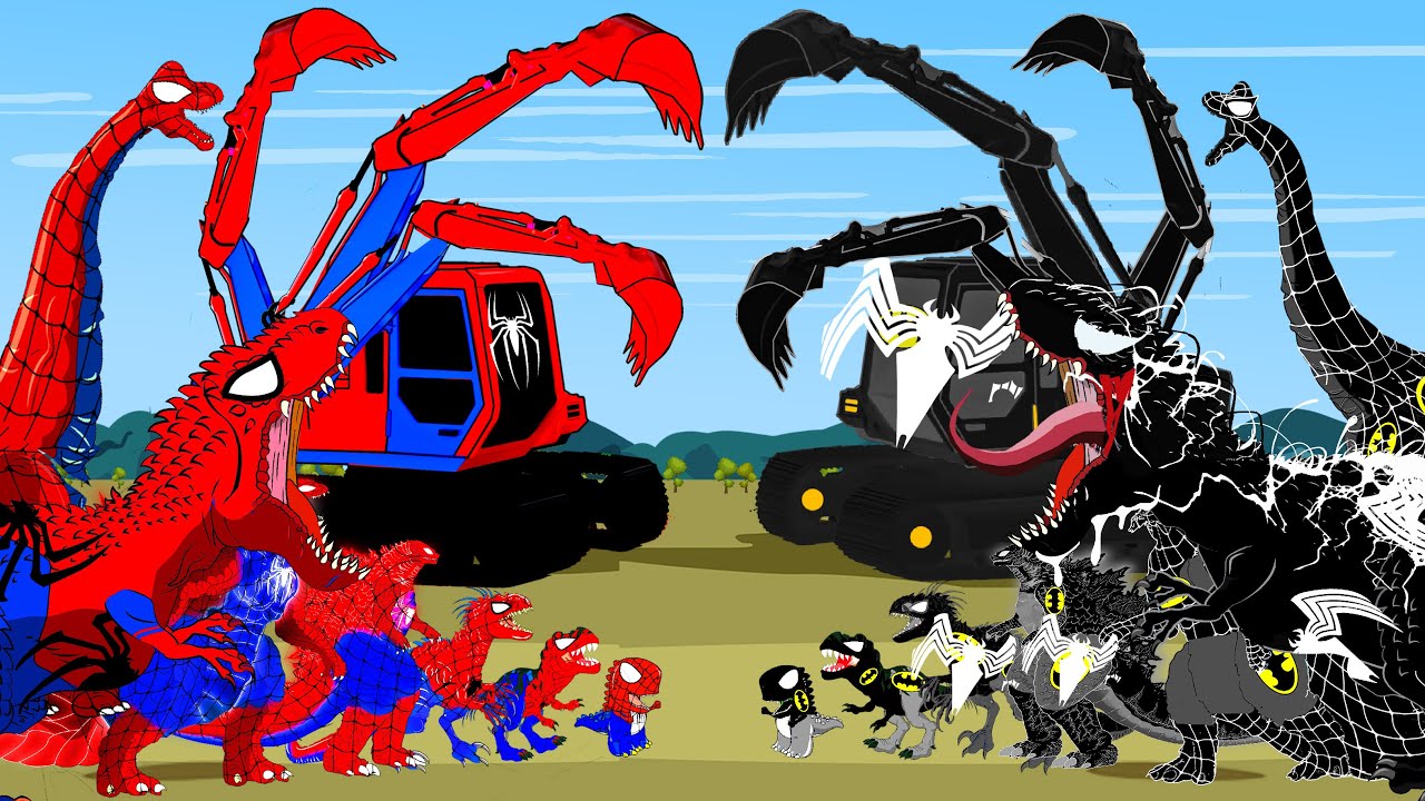 SPIDERMAN T-REX vs VENOM, VELOCIRAPTOR, Excavator: The Last Dance Dinosaurs Jurassic Triangle