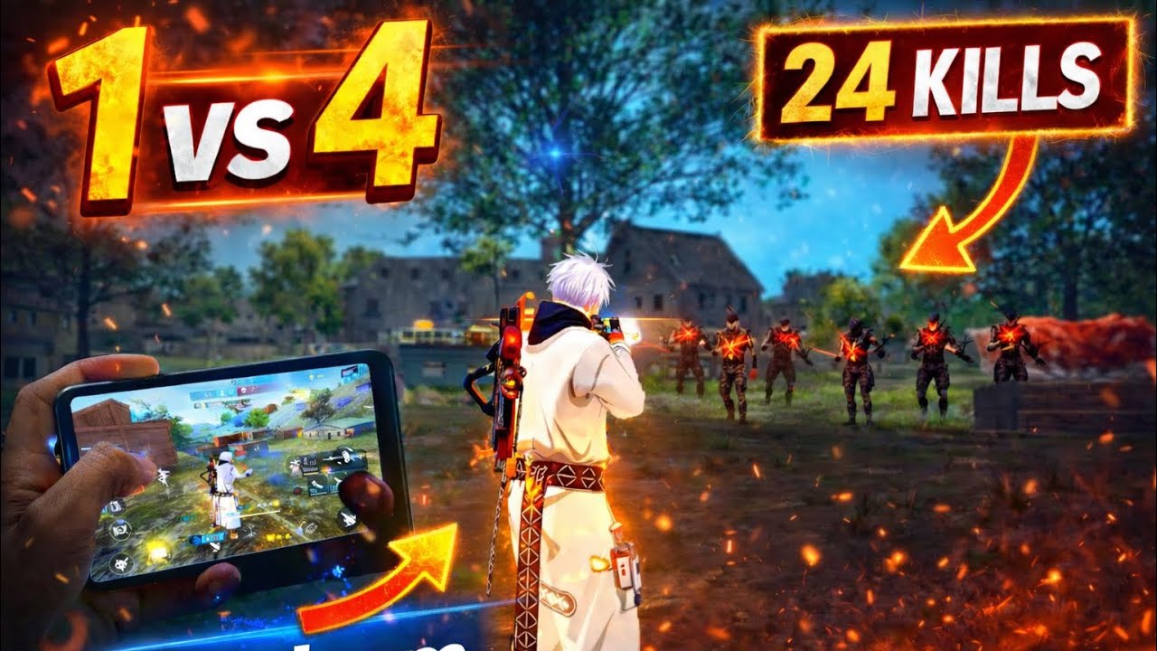 24 kills 🔥 1 Vs 4  🤯, Hand Cam ( No Comentary ) ⚡ |  Parafal  + Mp40  | Mobile 📱 #freefire