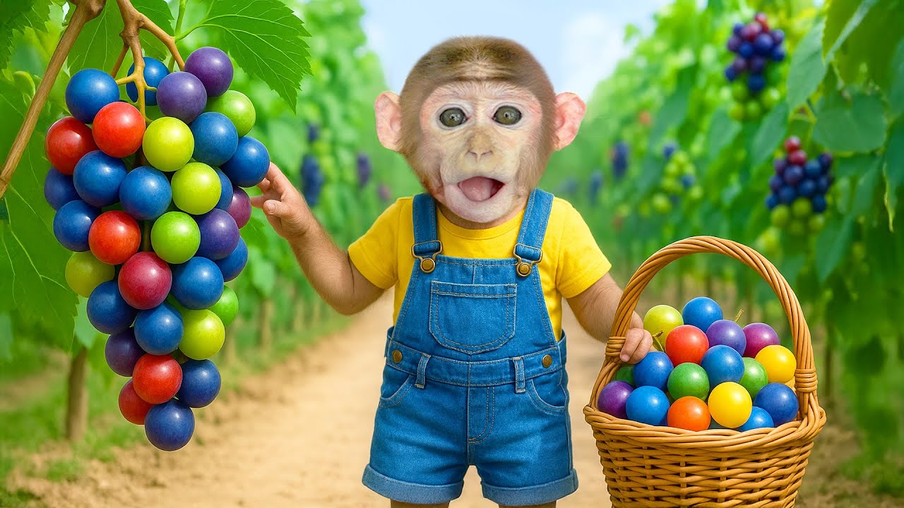 Mono KaKa va con su mamá al viñedo a cosechar racimos de uvas maduras?! | MONO KAKA ESP