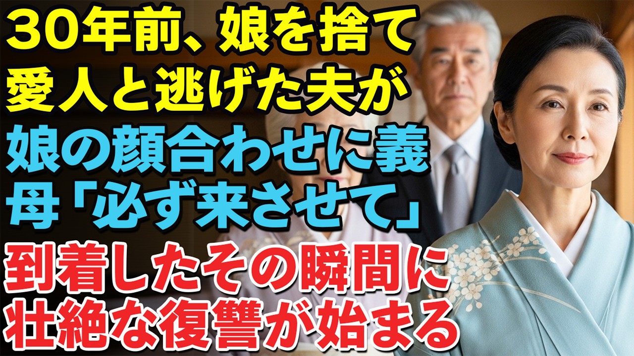 生後間もない娘を残し30年前に愛人と逃げた夫が、娘の両家顔合わせに来ると宣言。義母は「私を信じて必ず来させて」と囁いた――到着した瞬間、復讐が始まった…