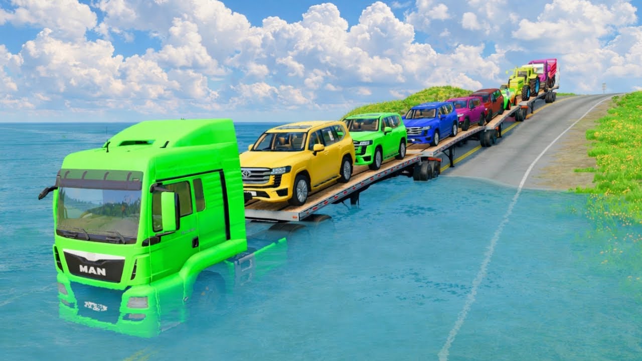 Triple Flatbed Trailer McQueen Transportation with Truck - Speedbumps vs Cars vs Train - BeamNG #16