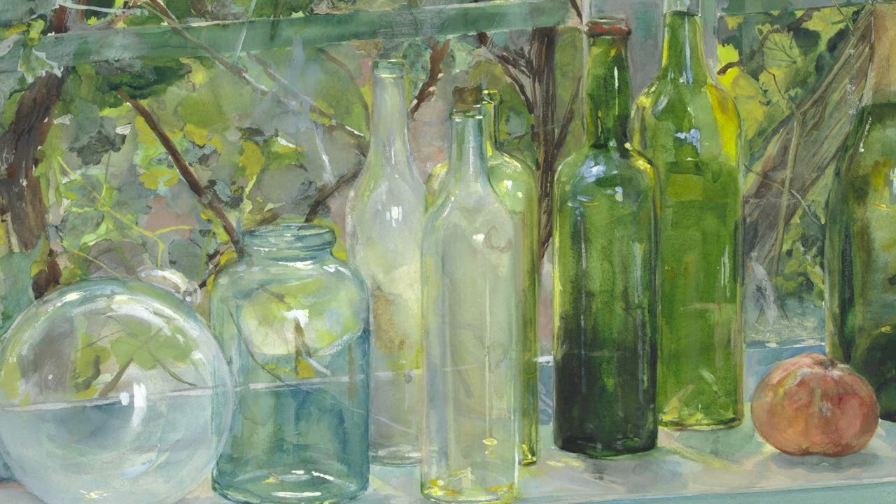 Vintage TV Art  Wallpaper | Watercolor Bottles in Window | Single Image 1 Hour No Sound