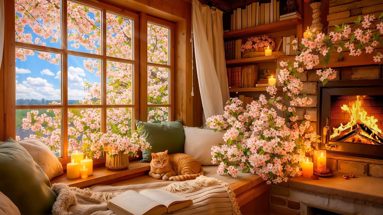 Beautiful April Spring Day & Cozy Spring Fireplace🌼 🔥Fire Crackling Sounds For Study, Work