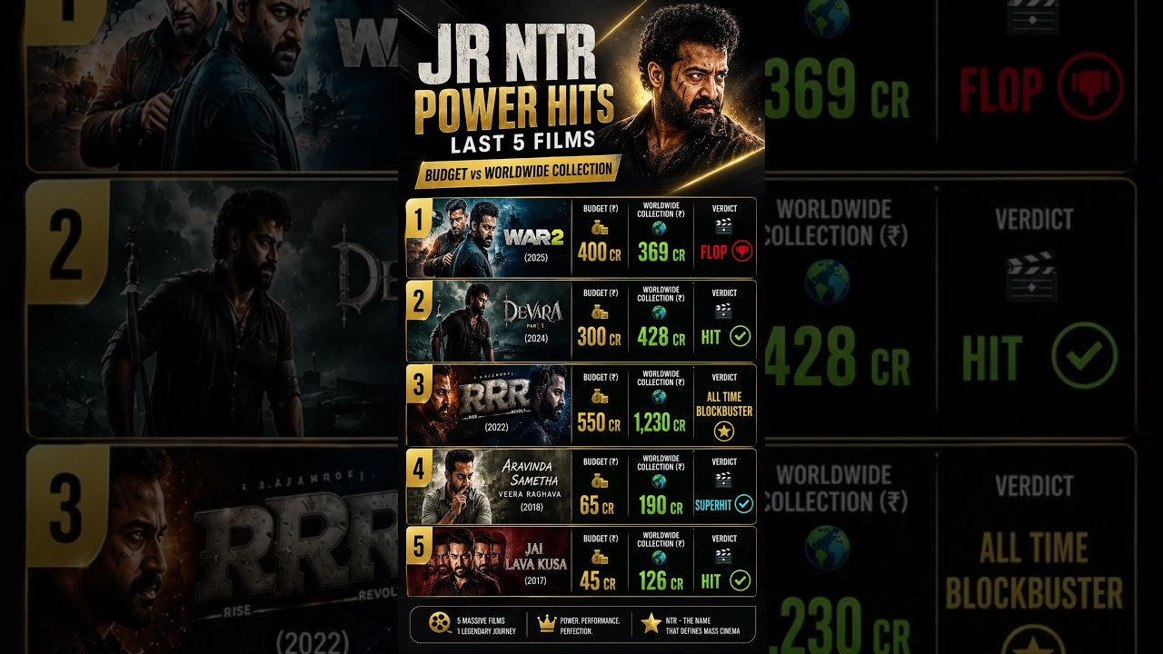 Jr NTR Last 5 Movies Box Office Collection 🔥 | Budget vs Worldwide Collection | RRR, Devara, War 2