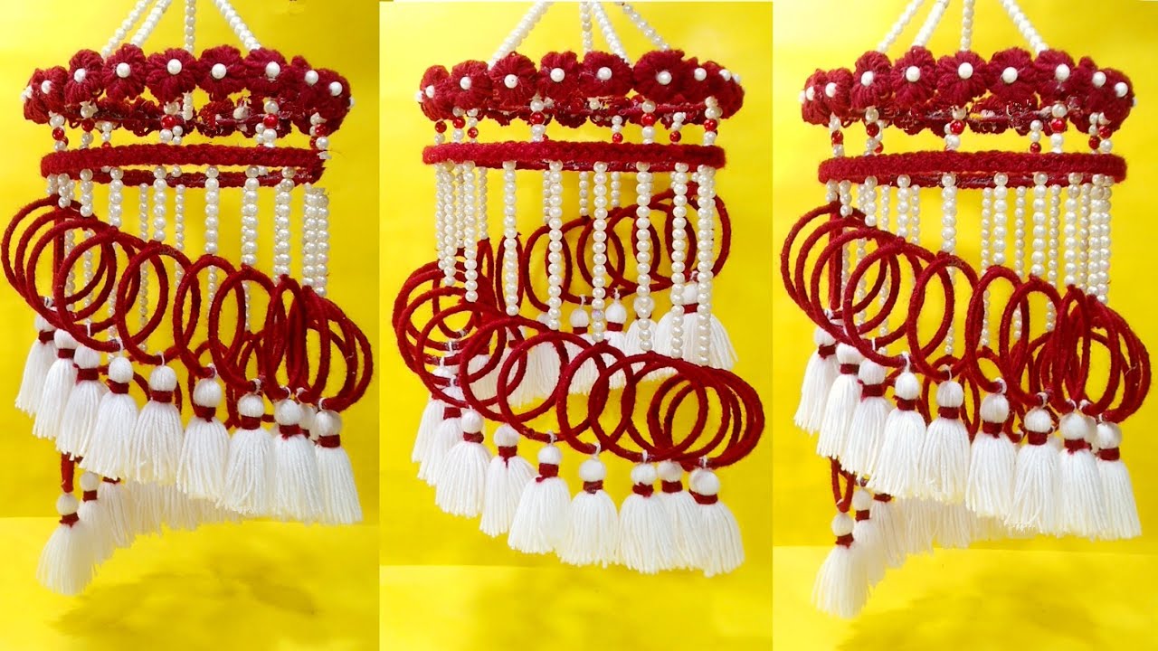 पुरानी चूड़ियों और ऊन से झूमर बनाने का सरल तरीका /EASY BANGELS & WOOLEN JHUMER/CHANDELIER/WIND CHIME