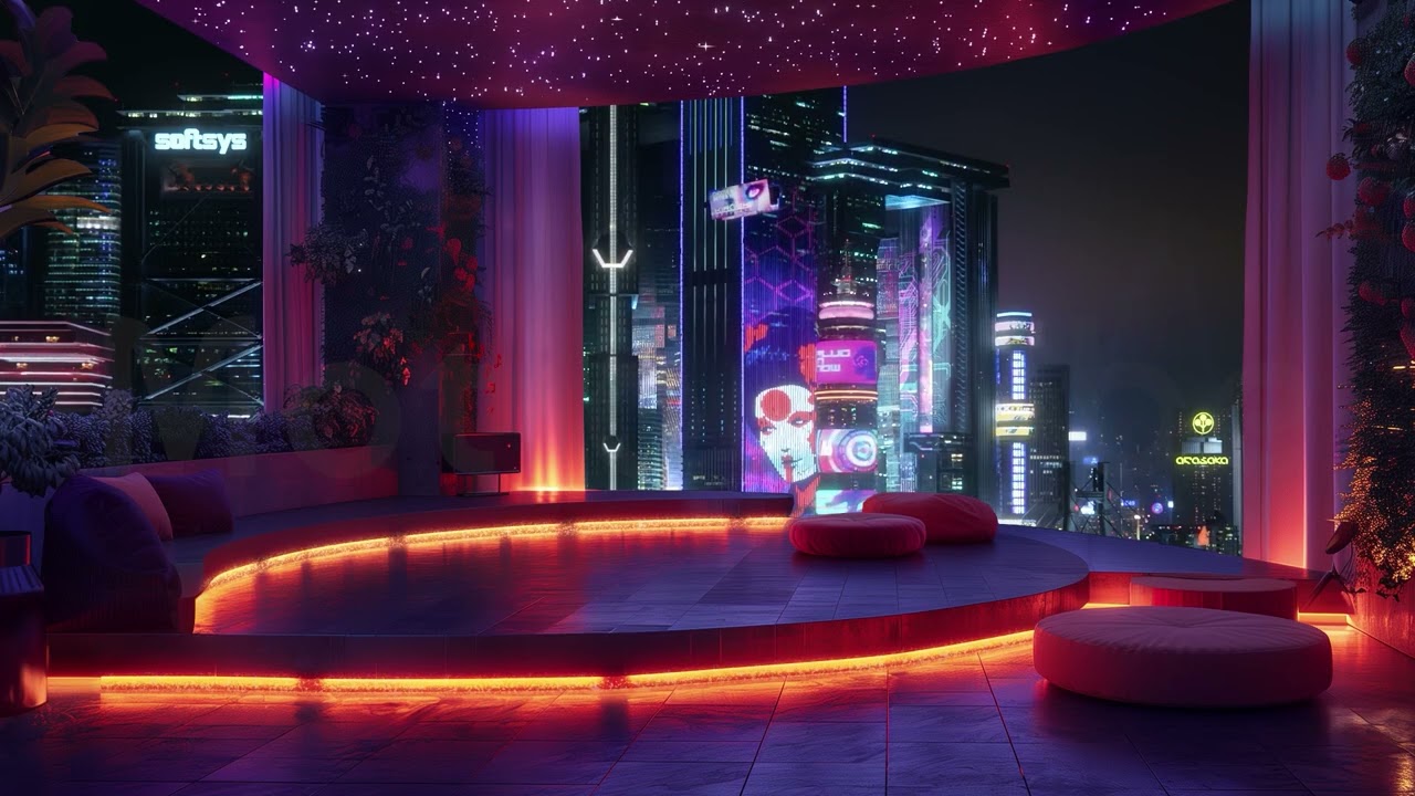 Disco Room, Night City, Relaxed Atmosphere, Neon City, Cyberpunk City, Metropolis