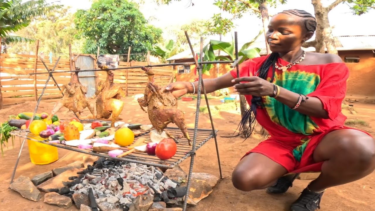 3 Whole Chicken Roasted on Open Fire With Ragi ugali ||Village Cooking 
