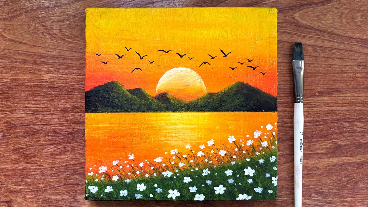 Orange Sunset Landscape Painting for beginners | Acrylic Painting | Canvas Painting