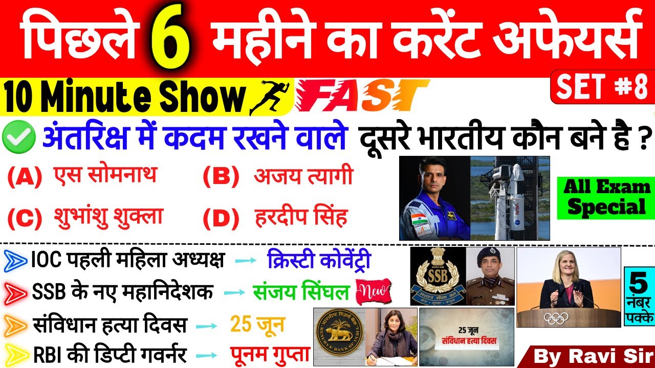 Last 6 Months Current Affairs 2025 | Set 8 | Top 50 | January to Aug 2025 Current Affairs Important