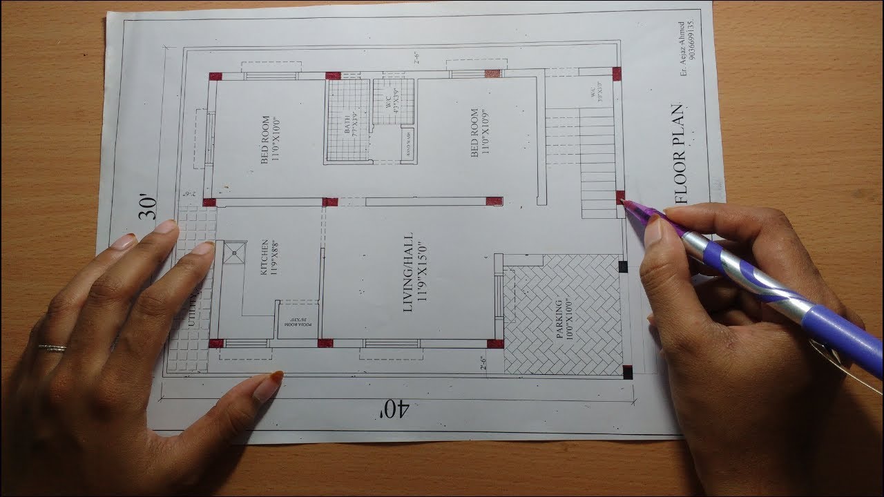 30'x40' North Face 2Bhk Vastu Plan With Column Location