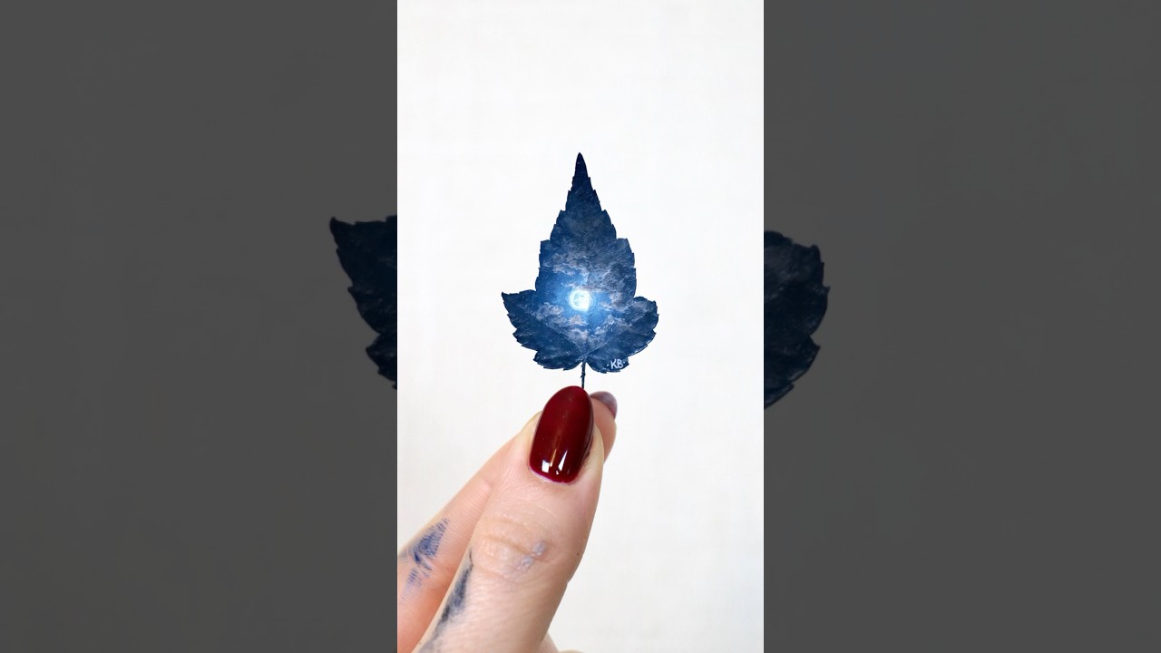 &ldquo;Through Night&rdquo; - Painted on a preserved maple leaf 🌙 #leaf #natureart #tinyart #miniature