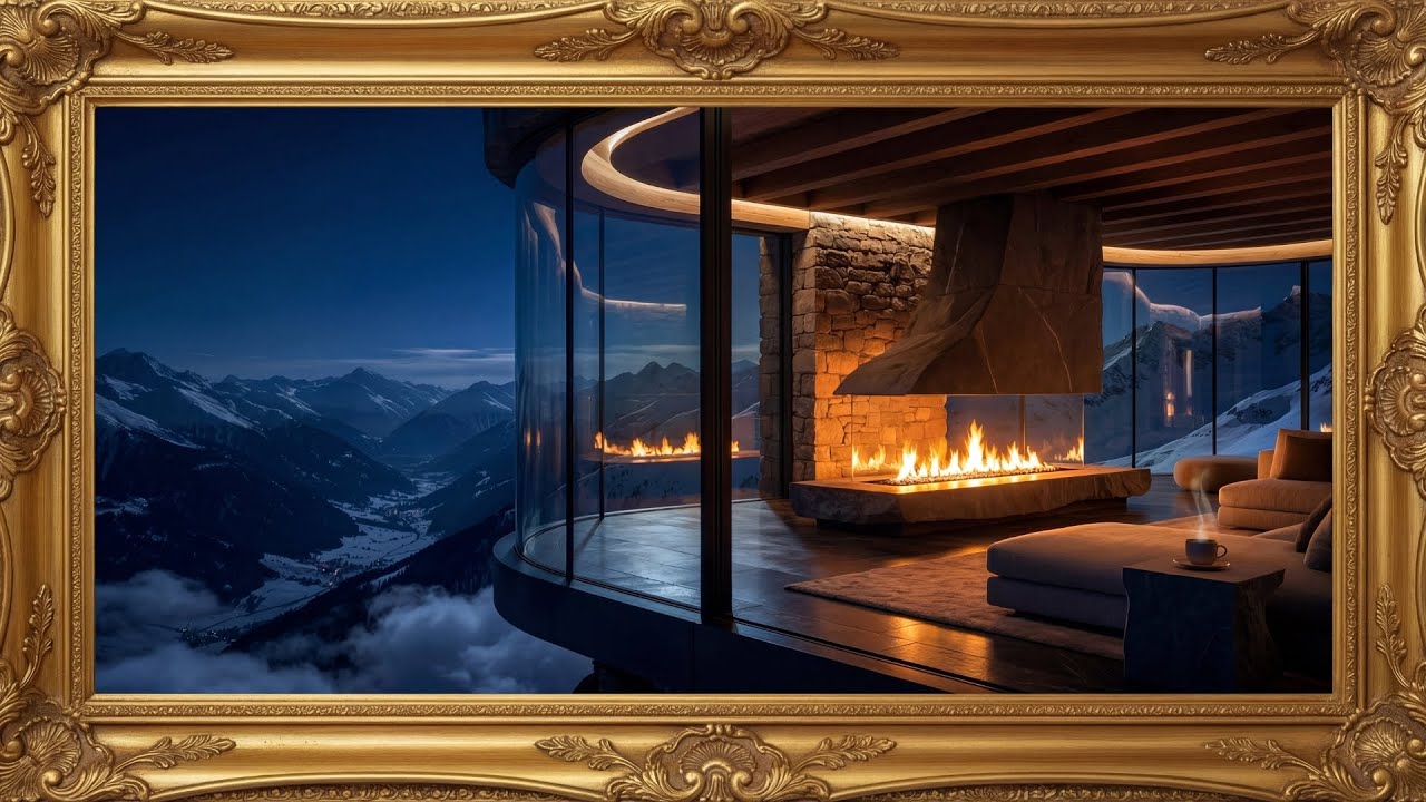 Cozy Mountain Fireplace & Blizzard 🏔️ 4K Luxury TV Art for Sleep & Study (No Music)