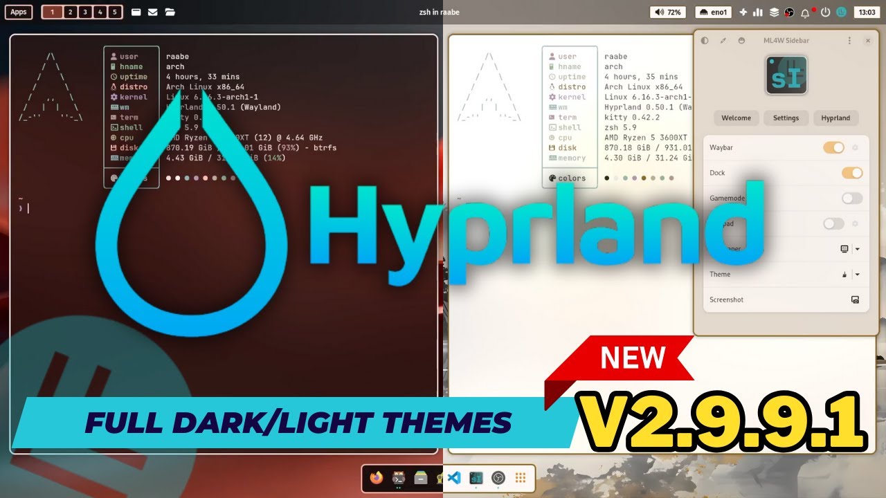 Full dark & light theme support on HYPRLAND with NEW ML4W Dotfiles plus NEW Sidepad and much more.