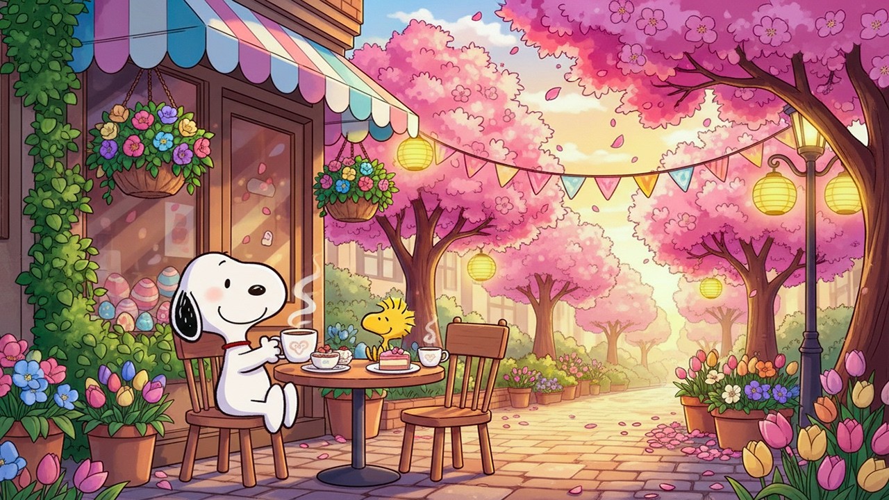 Dreamy Spring Café Lofi 🌸 Snoopy Cozy Outdoor Tea Time for Study, Focus & Relax with Soft Beats