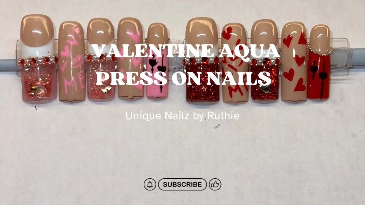 Watch Me Work | Valentine Aqua Press-On Nails 💕 Nude + Red Encapsulated Design