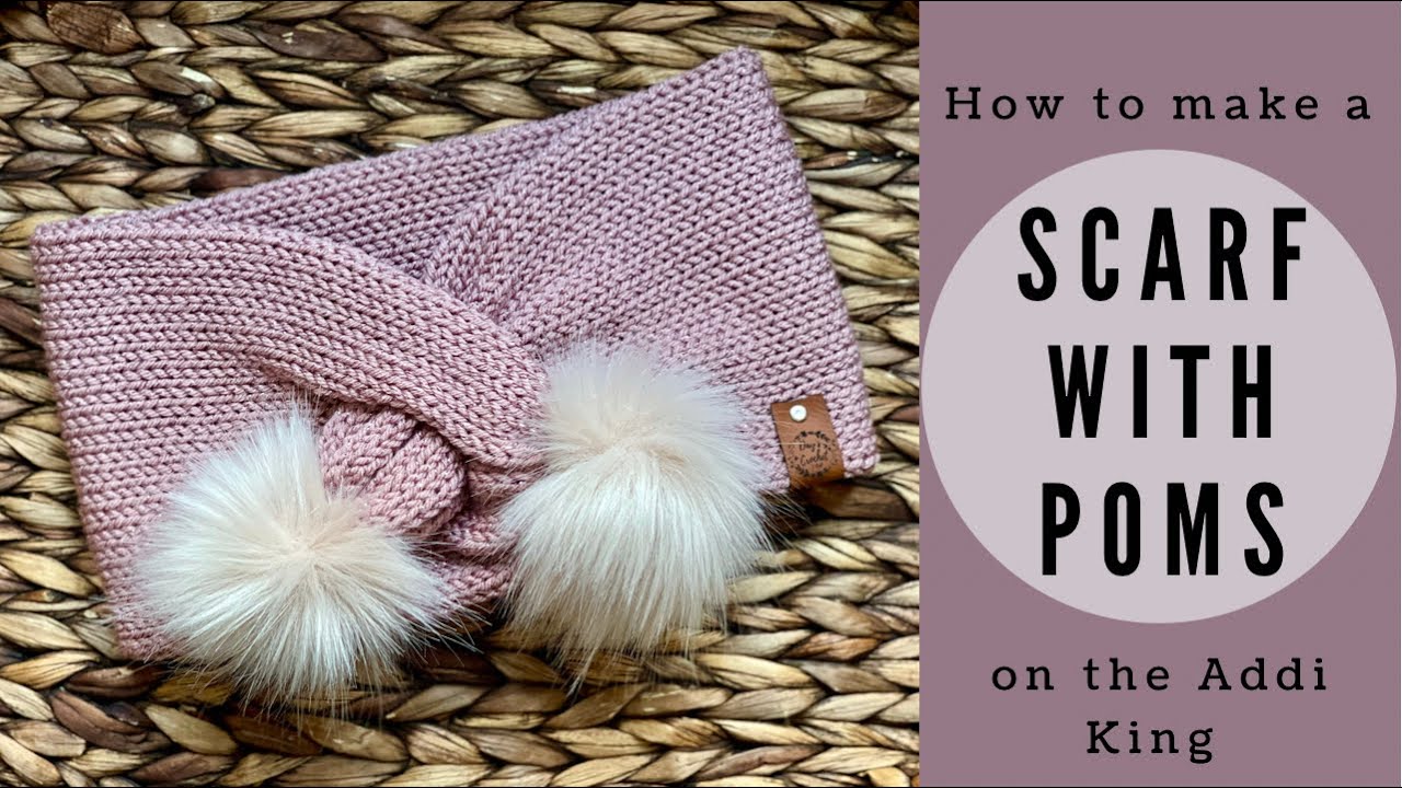 Knitting machine neck warmer with pom poms